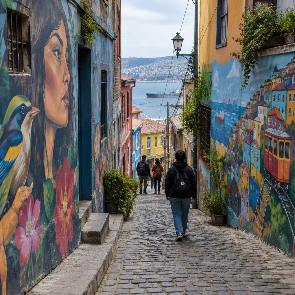 Narrow cobblestone alley in Valparaiso