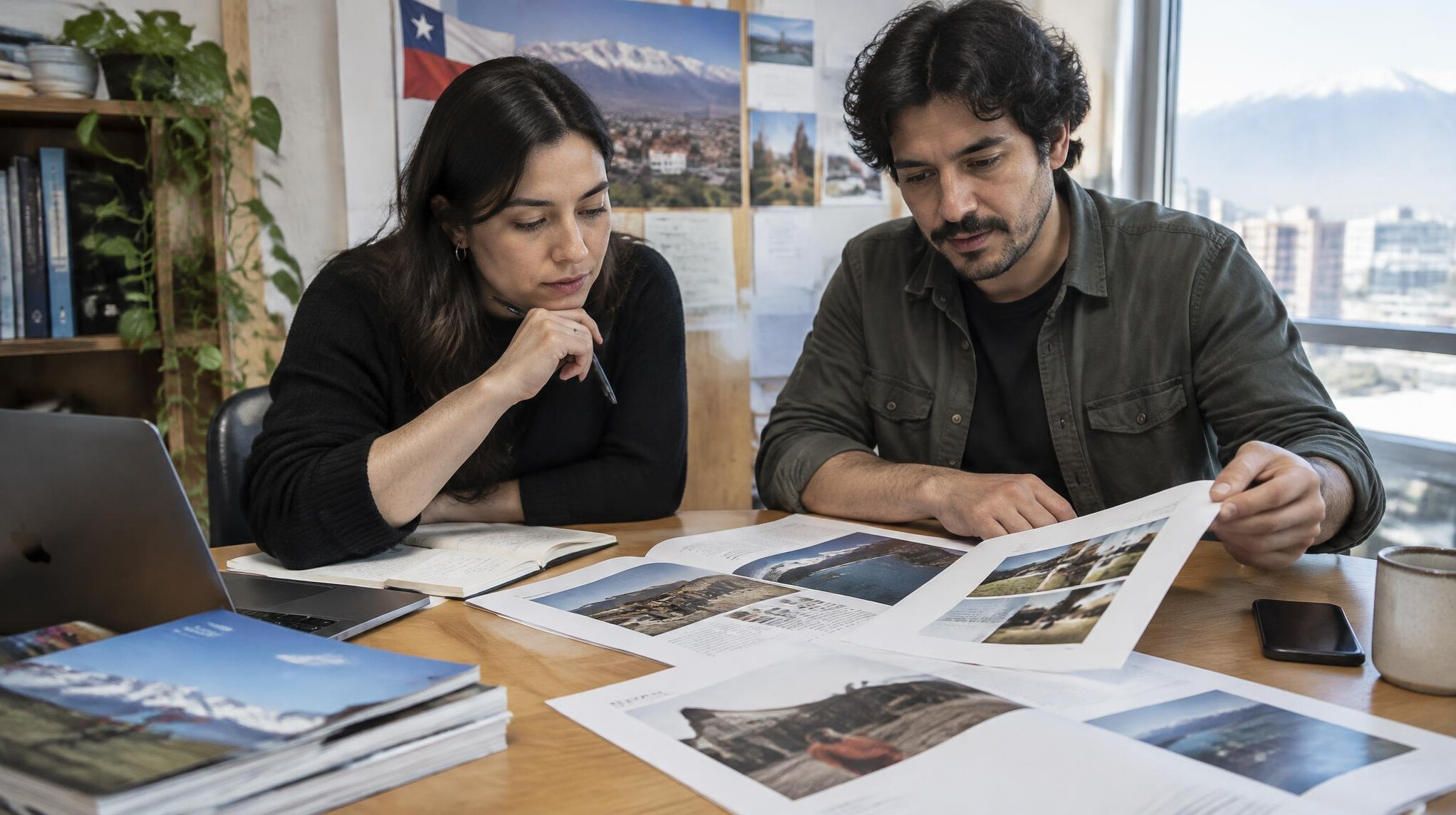 Team reviewing a magazine layout on a table