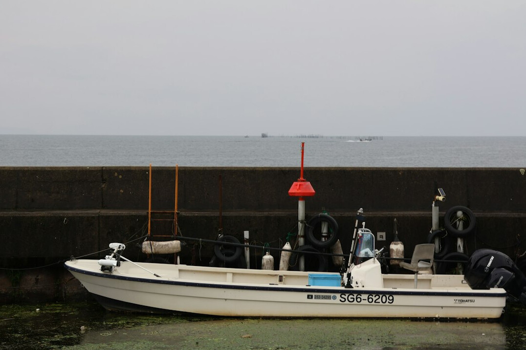 Fishing boats docked at a small harbor