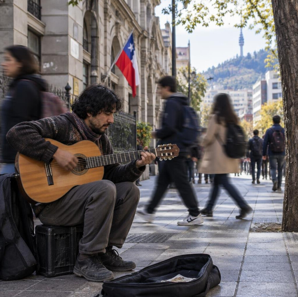 Street musician playing guitar on a sidewalk