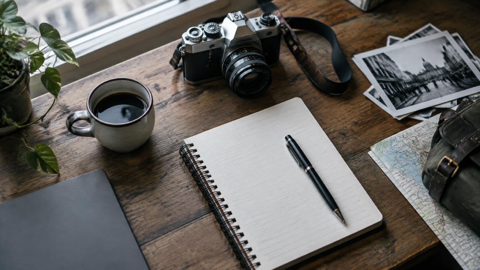 Desk with notebook and camera for journalism